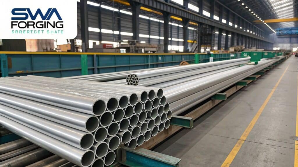 A flowchart showing the SWA Forging process: Order -> Production -> In-House QC -> Third-Party Inspection -> Shipment.